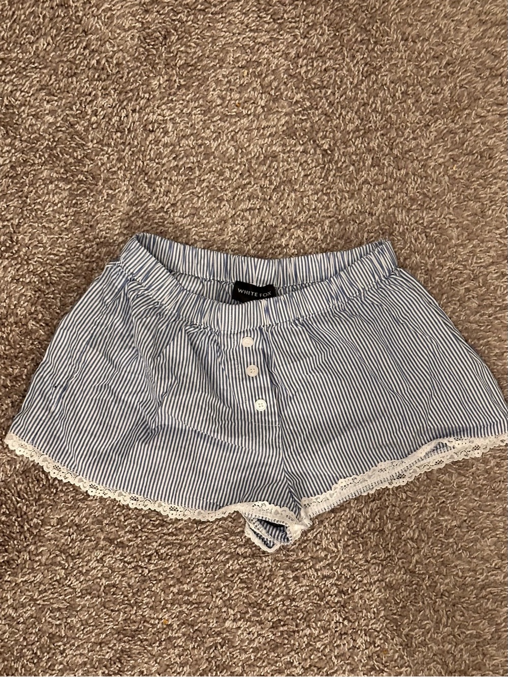 White Fox Boutique Blue and White Striped Lace Trim Shorts